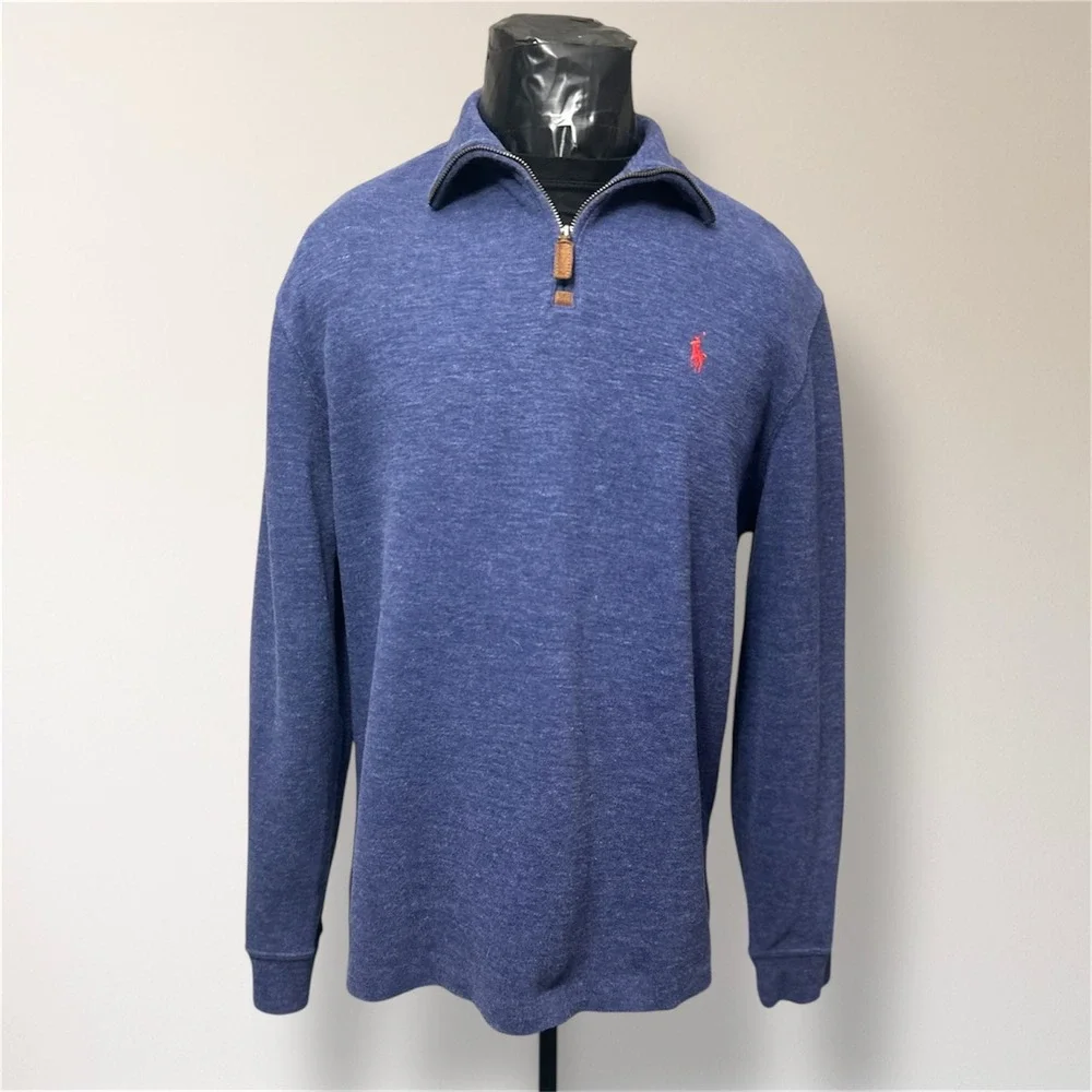 Polo Ralph Lauren Mens L Heather Blue Cotton Quarter Zip Pullover Sweater Preppy